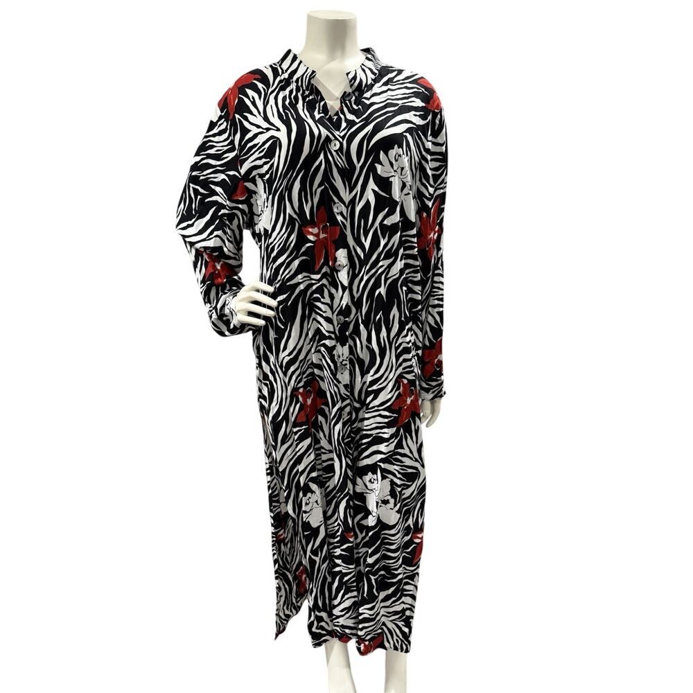 Vintage Zebra Pattern W/Bold Red Flower Shirtdress Sz Large Carolyn Strauss USA